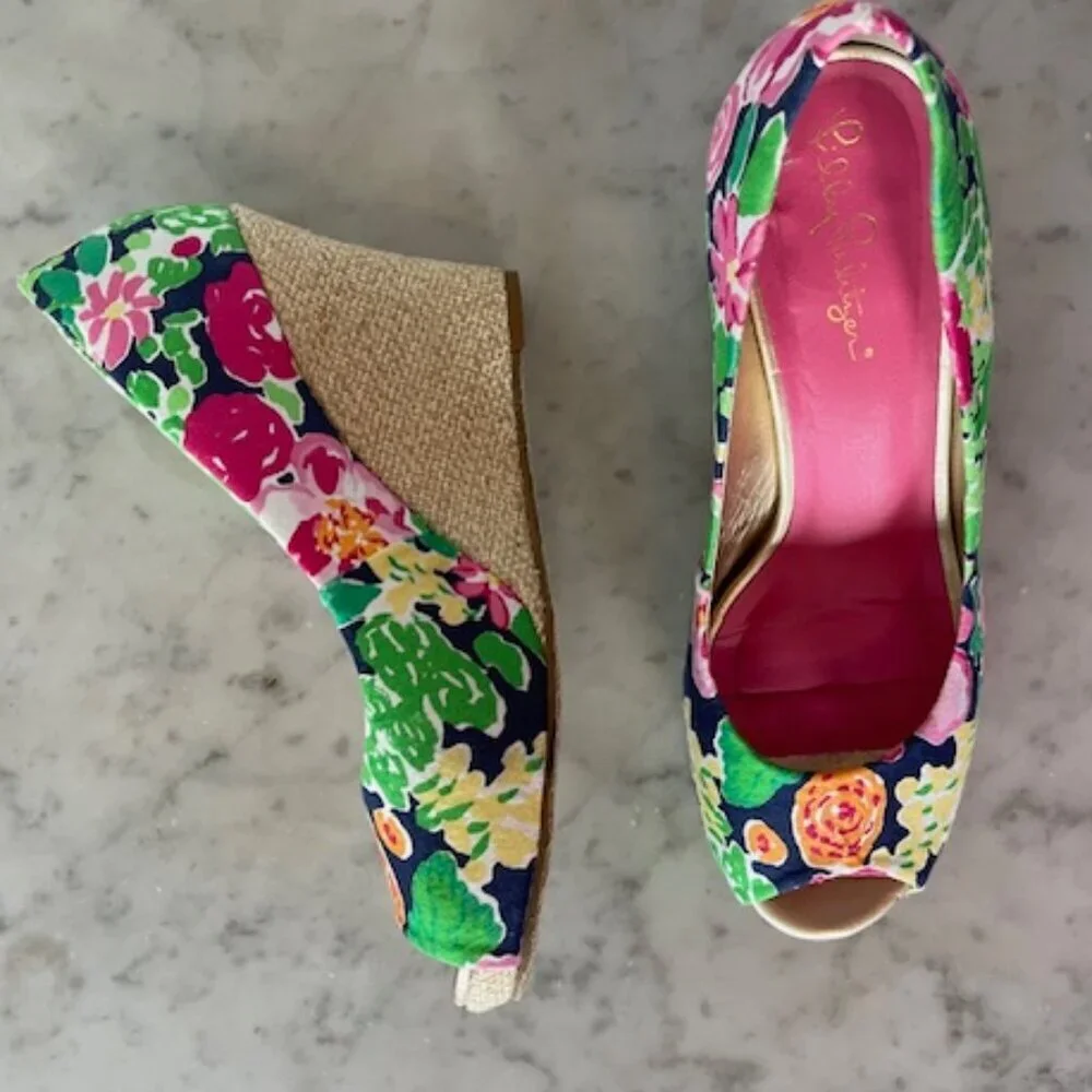 LILLY PULITZER Resort Chic Wedge Mini Getaway Garden Peep Toe Espadrille…